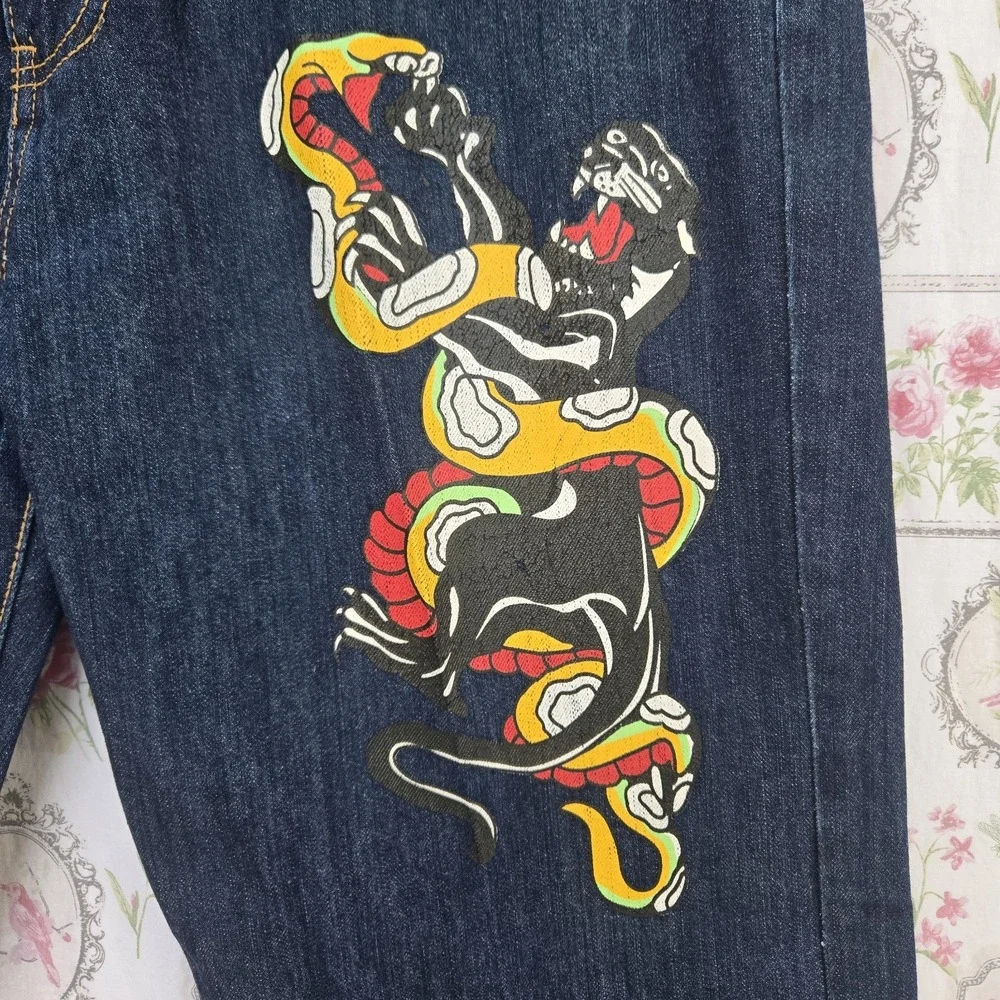Rare Vintage Ed Hardy Christian Audigier Tiger In Flames Embroidered Jean  38x34